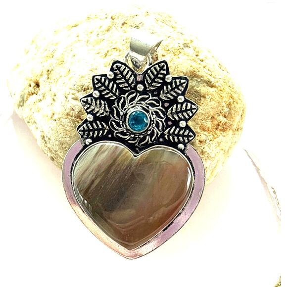 925 Sterling Jasper & Blue Topaz  Heart  Pendant - Picture 2 of 5